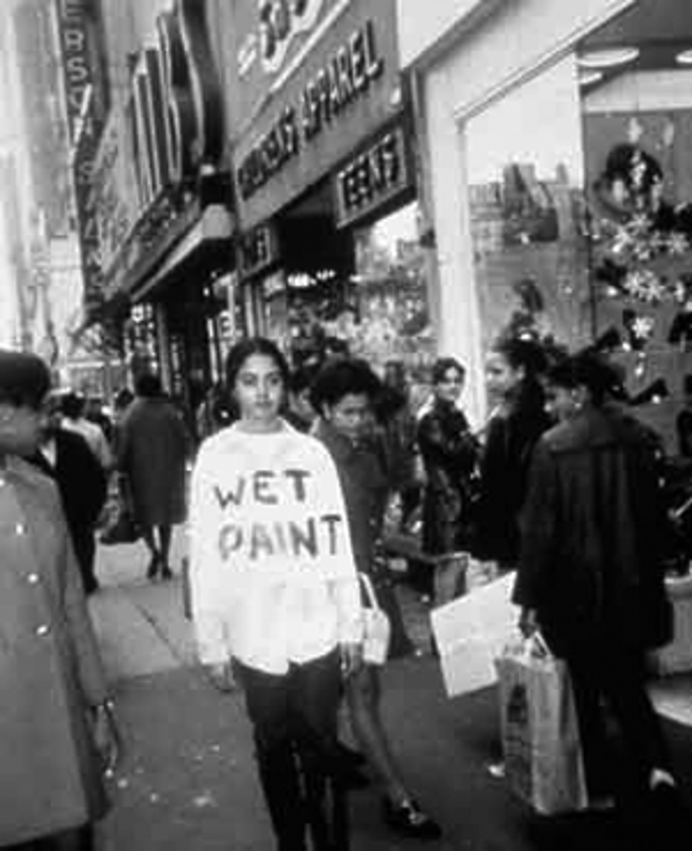 <p>Adrian piper, biracial female</p><p>- walked through NYC wearing "wet paint" sign</p><p>- boundaries of what is socially appropriate</p>