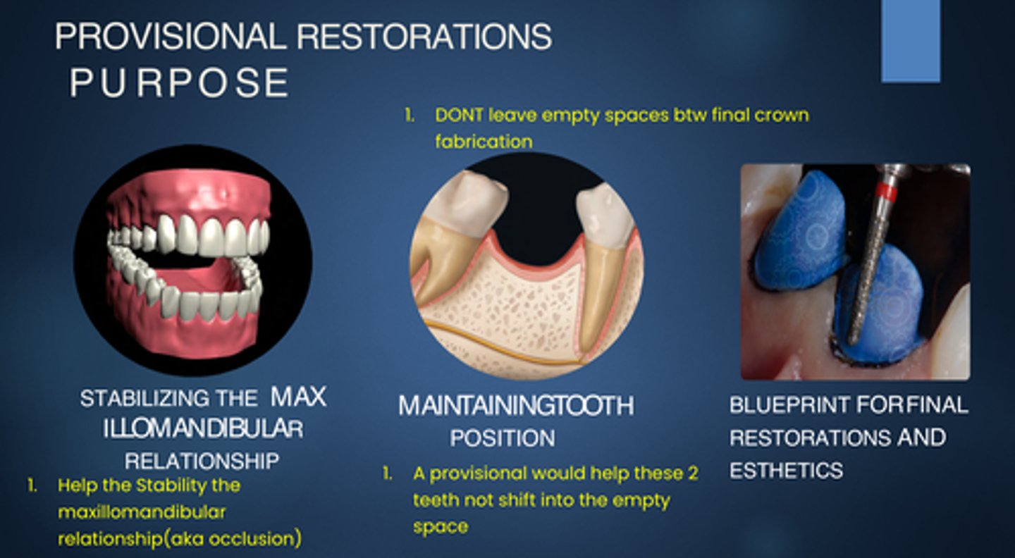 <p>(Purpose of) Provisional restorations:</p><p>Stabilize the ____________ relationship</p><p>maintain tooth __________</p><p>and act as a ______________ for final restorations</p>