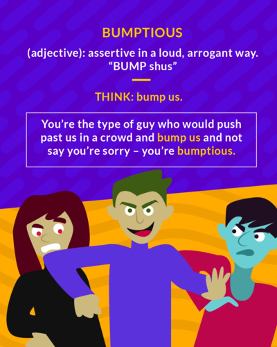 <p>offensively self-assertive; excessively and arrogantly self-confident</p><p>(adj.) assertive in a loud, arrogant way</p><p>(adj.) self-asserting</p>