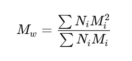 <p>ex. imagine we have a bunch of polymers of different lengths, grouped by their lengths into different “types”</p><p>In the attached formula, Mw is weight average, Ni is the number of chains of type i, and Mi is the mass of the chains in that group.</p>