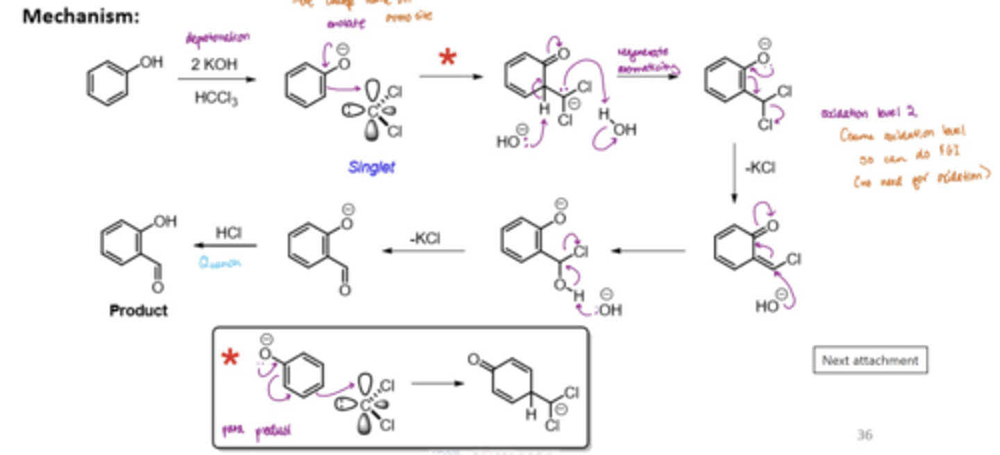 <p>The alpha-formylation of a phenol</p><p>Deprotonate a phenol to form an enolate</p><p>React with a singlet dichlorocarbene</p><p>deprotonate this structure to regenerate aromaticity and quench the negative charge of the C with water</p><p>lone pair of electrons on the O come back into form C=O, resulting in Cl being kicked out, to form an alkene branch</p><p>React with OH to eliminate the alkene and kick out the remaining Cl</p><p>Quench the product with HCl</p><p>Can get an ortho or para product</p>