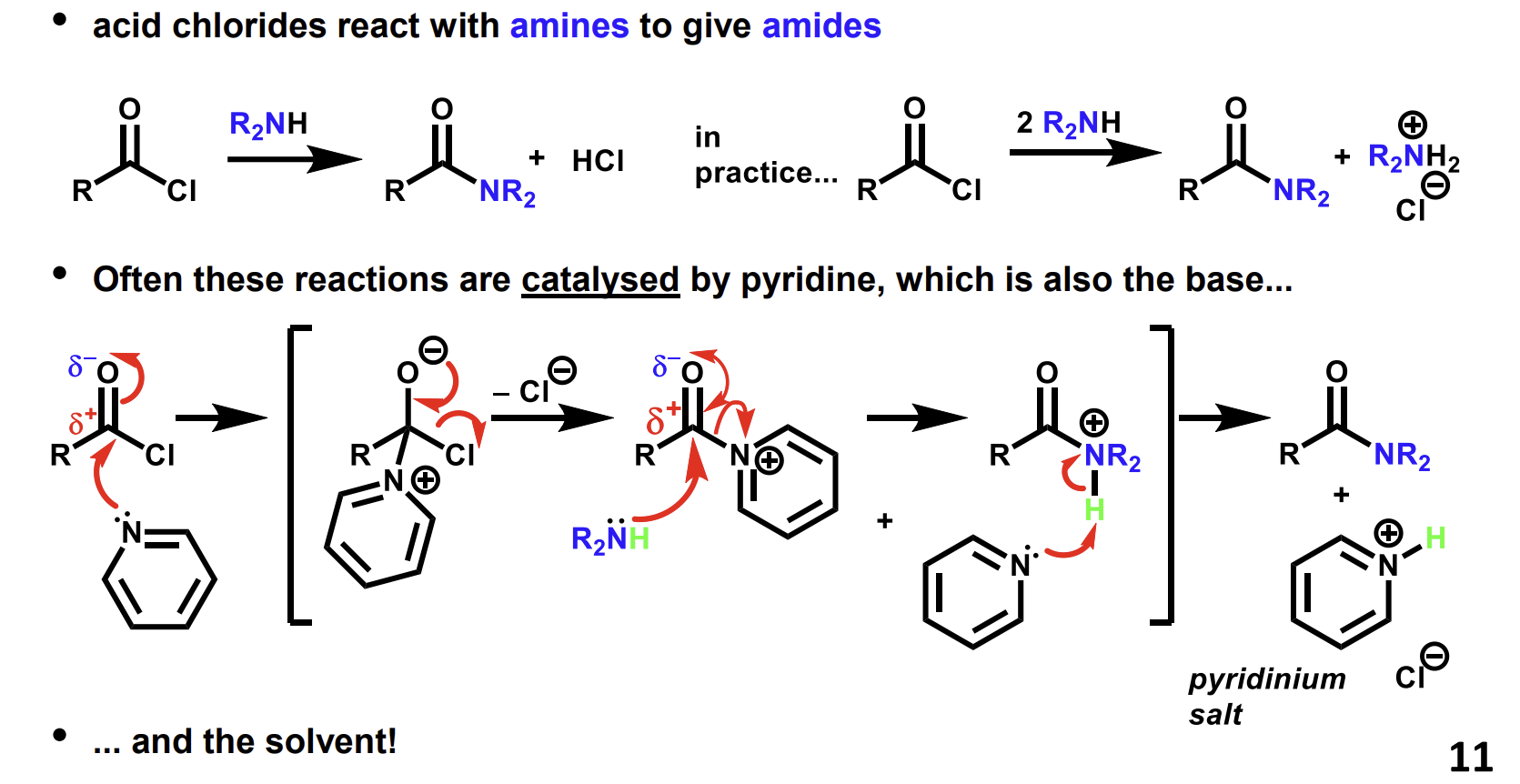 <p>Forms an amide.</p><p>The amide will be protonated by the HCl formed so another base will frequently be used to avoid protonating a large proportion of the amine reagent. Pyridine is very good for this purpose as it is also a solvent and a nucleophilic catalyst which makes the carbonyl carbon more electrophilic.</p>
