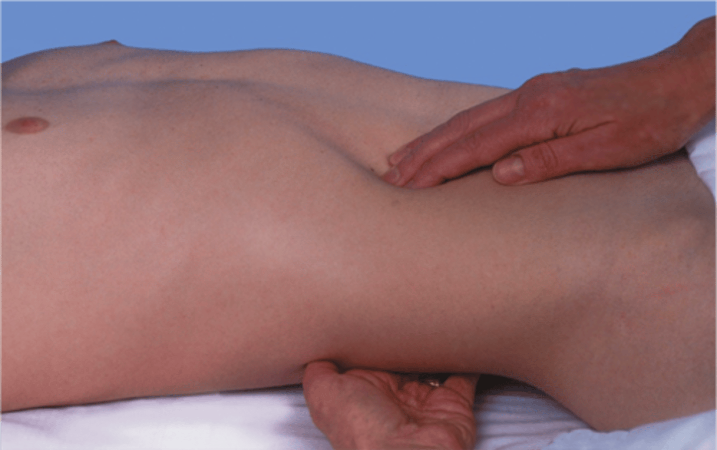 <p>Left kidney:</p><p>- move to the patient's left side. Place your right hand under the 12th rib. Lift up trying to displace the kidney anteriorly. Place your left hand in the left upper quadrant. Ask the patient to take a deep breath. At the peak of inspiration press your left hand deeply into the left upper quadrant trying to "capture" the kidney between your hands</p><p>Right kidney:</p><p>- return to the patient's right side. Use your left hand to lift the back while your right hand feels deeply into the right upper quadrant. Repeat the same steps as used for the left kidney</p>
