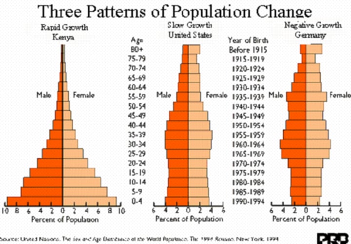 <p>a model used in population geography to show the age and sex distribution of a particular population</p>