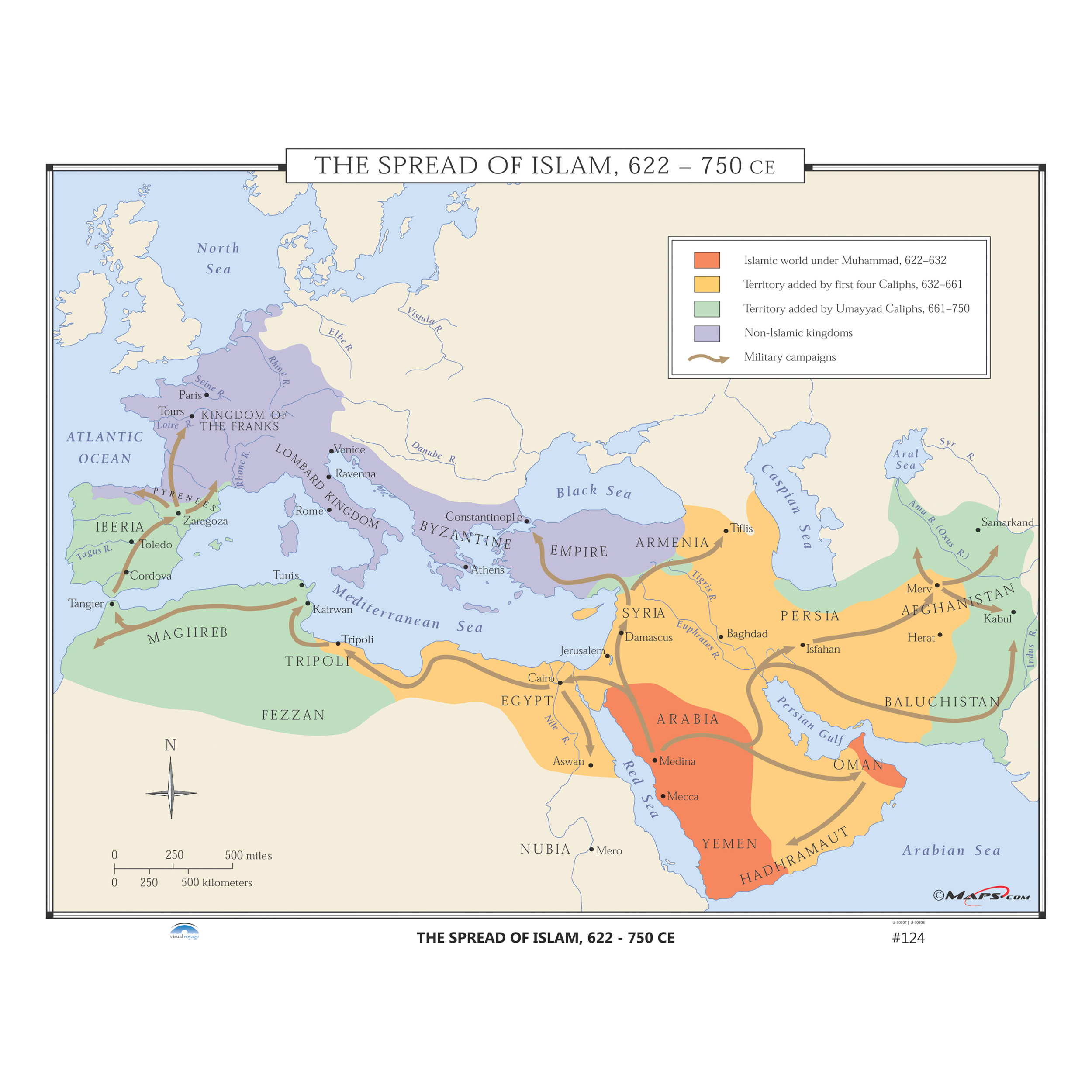 map of contagious diffusion of Islam across Mediterranean Sea and Arabian sea