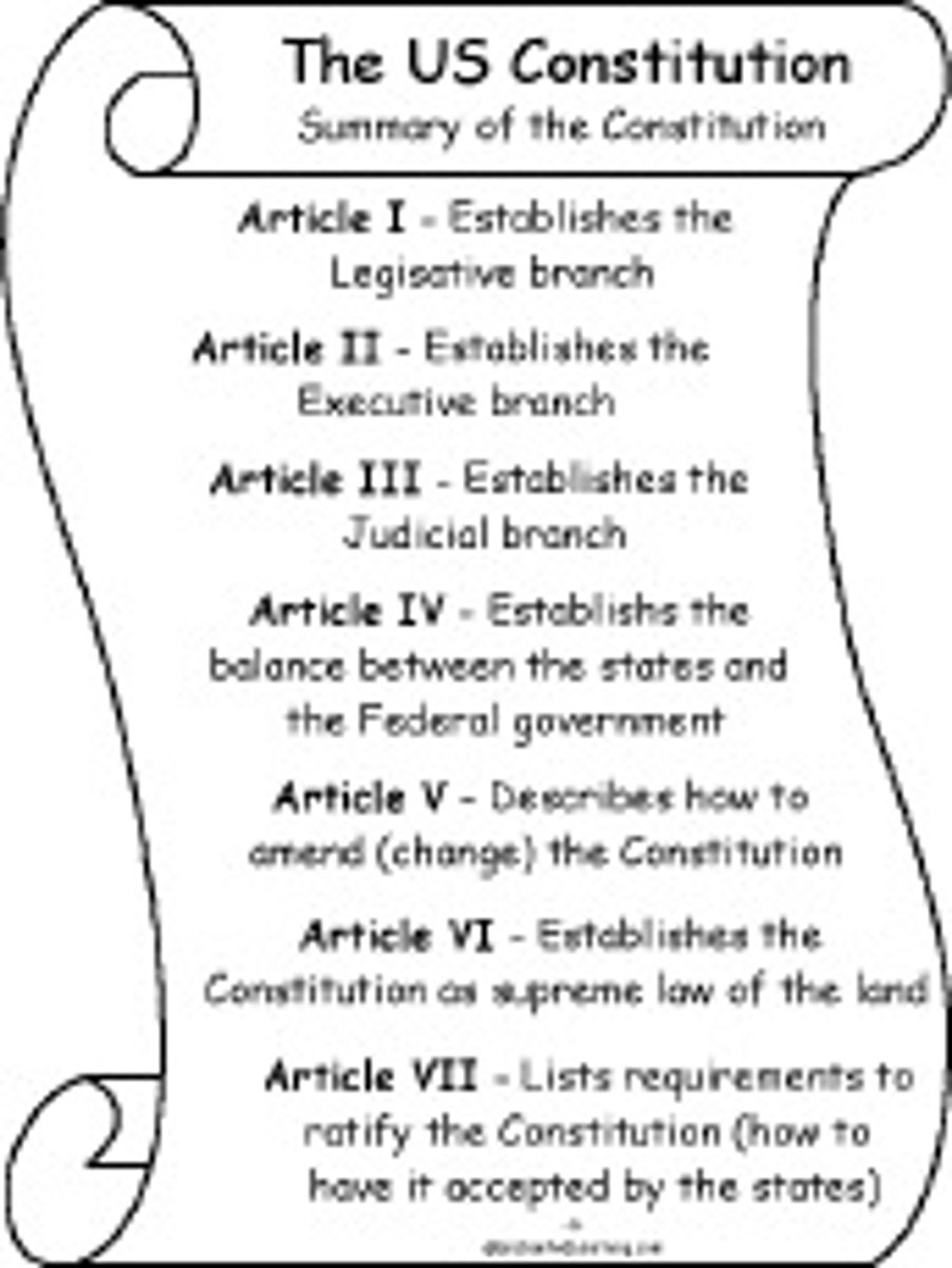 <p>LEJRASR</p><p>Article 1: Legislative Branch</p><p>Article 2: Executive Branch</p><p>Article 3: Judicial Branch</p><p>Article 4: Relations of States (within and b/w fed)</p><p>Article 5: Amendment process</p><p>Article 6: Supremacy Clause</p><p>Article 7: Ratification</p>