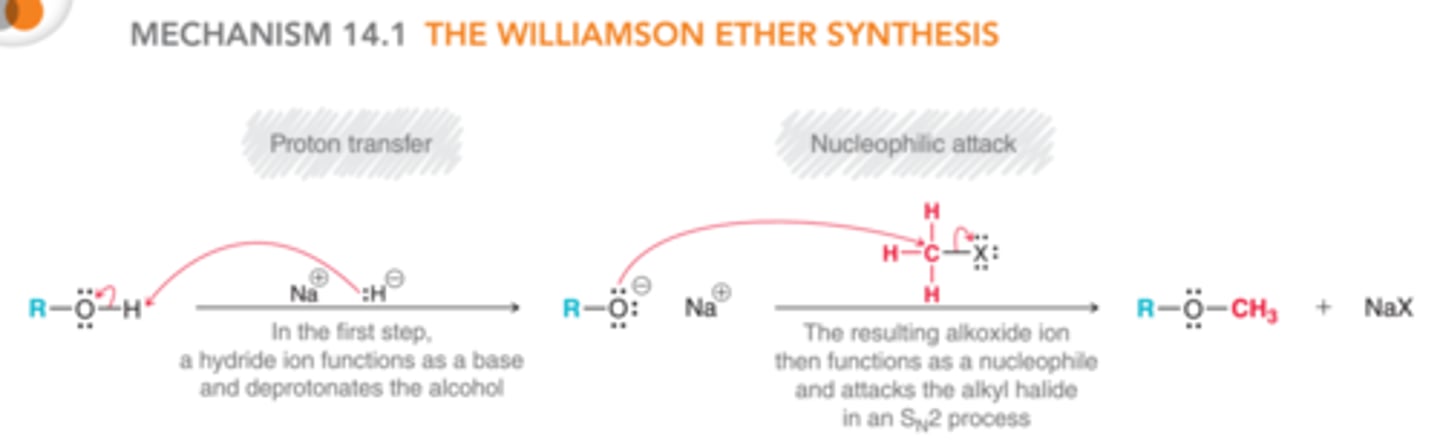 <p>SN2 reaction <strong>NaH:</strong> forms an ether by forming an alkoxide ion then SN2 with R-X</p>