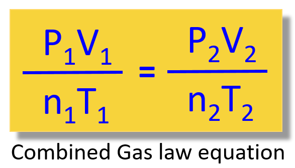 <p>PV=nRT or (P<sub>1</sub>⋅V<sub>1</sub>) ÷ (N<sub>1</sub> T<sub>1</sub>) = (P<sub>2</sub>⋅V<sub>2</sub>) ÷ (N<sub>2</sub> T<sub>2</sub>)</p>