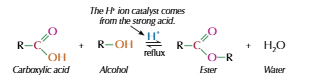 <ul><li><p>Heat carboxylic acid with alcohol in presence of strong catalyst</p></li><li><p>Usually conc H<sub>2</sub>SO<sub>4</sub>&nbsp;used</p></li><li><p>Esterification</p></li></ul><p></p>