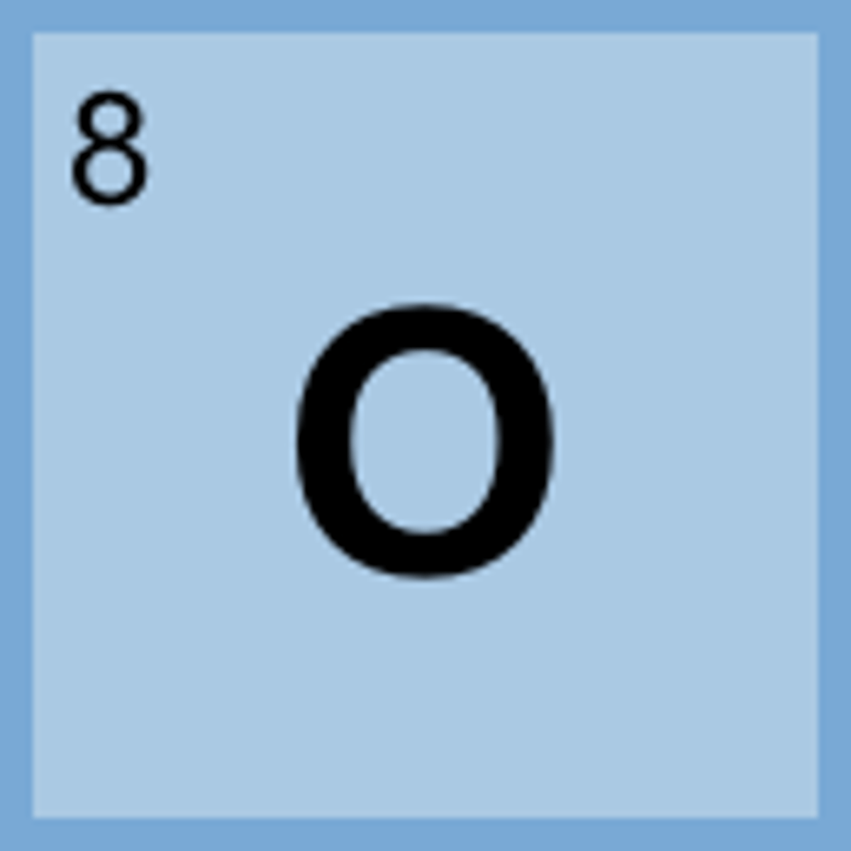 <p>Symbol: O<br>Atomic Mass: 16.00<br>Atomic Number: 8</p>