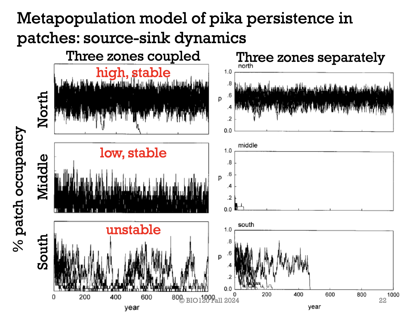 <p>First, they restricted the dispersal of the Pika’s from the different regions. </p><ul><li><p>They then found that the patch occupancy in the northern regions were not affected by lack of dispersal. </p></li><li><p>Whereas, they found that the persistence of patch occupancy in the middle region is dependant on dispersal. </p></li><li><p>However, in the southern region, the patch occupancy was very unstable with the lack of dispersal. Even though it took longer, the Pikas eventually went extinct. </p></li></ul><p><strong><em>*highlights source sink dynamics </em></strong></p>