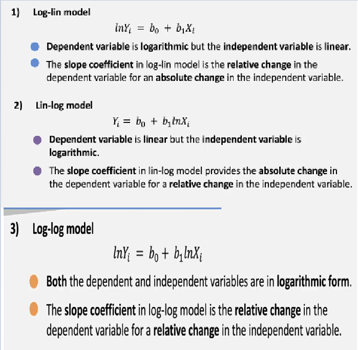 <p>We can transform these types of models using the following transformations</p><ol><li><p>Log-linear model</p><ul><li><p>Dependent variable is logarithmic, but the independent variable is linear</p></li></ul></li><li><p>Linear-log model</p><ul><li><p>Dependent variable is linear but the independent variable is logarithmic</p></li></ul></li><li><p>Log-log model</p><ul><li><p>Both the independent and independent variable are in logarithmic form</p></li></ul></li></ol><p></p>