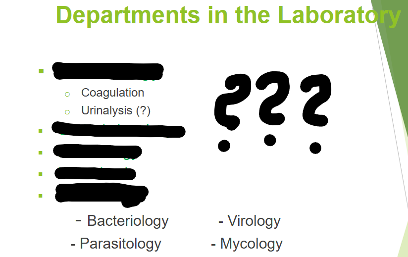 <p>What are the departments in lab? there are five major.</p>