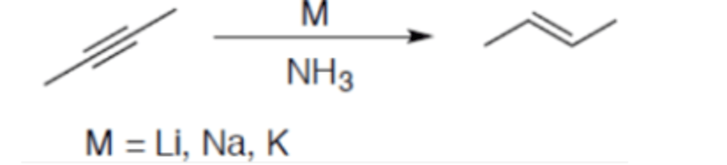 <p>Carbocation: no</p><p>Regiochemistry: N/A</p><p>Stereoselectivity: anti</p><p>Reagent(s): M = Li, Na, K over NH3</p><p>- Turns internal alkyne into (E)-alkene</p>