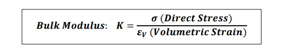 <p>When a body is subjected to three mutually perpendicular stresses, of equal intensity, then the ratio of the direct stress to the corresponding volumetric strain is known as bulk modulus. It is usually denoted by K.</p>