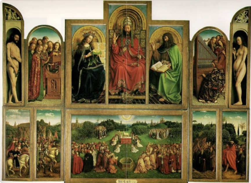 * Public altarpiece
* Outside: an emphasis on space between the figures, almost like it’s space for god/jesus? Even though they're not physically represented they're still there, donors depicted in corner, saints depicted as grisaille
* Inside: Example of hierarchical arrangement of figures common in art during this period, question of if the body and blood of Christ were actually being consumed when people ate the bread and drank the wine, or if it was just symbolic?, Dutch cities depicted in background ties back to Northern European interests in landscapes
* Oil paint helps with details