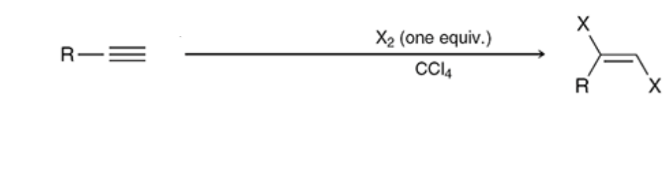 <p>CCl4 is a solvent so only the x2 gets added and halogens tend to add in the anti formation rather than syn</p>