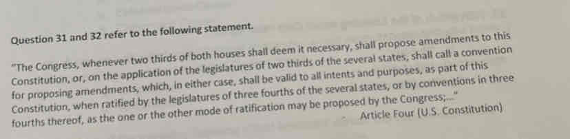 <p>Which principle of the Constitution was shown in this statement?</p><p>A. Checks and Balances</p><p>B. Federalism</p><p>C. Popular Sovereignty</p><p>D. Separation of Powers</p>