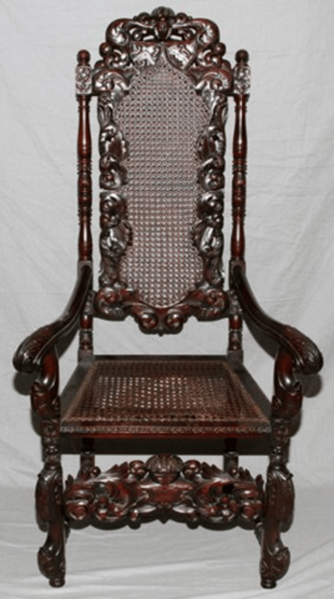 <p>Commonly made of walnut with caning covered with loose cushions; carving and turning were the principal means of ornamentation. Stretchers, arms, backs, aprons were of Flemish scroll arrangements.</p>