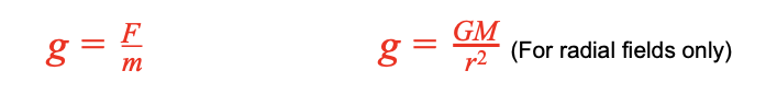 <ul><li><p><strong>General Formula</strong></p><ul><li><p>g = F / m</p></li></ul></li><li><p><strong>Radial Field Formula</strong></p><ul><li><p>g = (G * M) / r²</p></li></ul></li></ul><p></p>