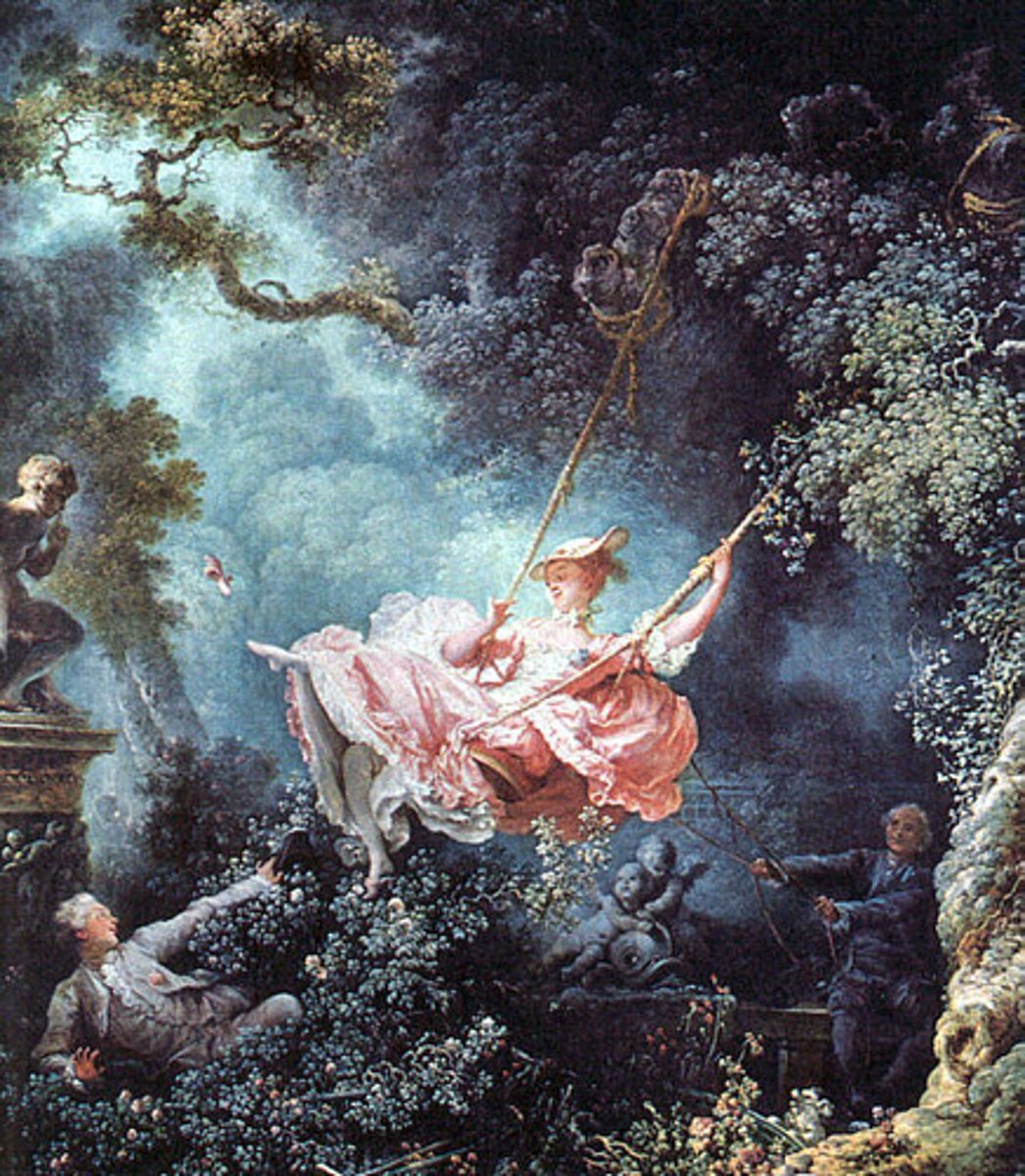 <p>• Elaborate but lighter,</p><p>almost dainty.</p><p>* The style was ornate and used light colors, asymmetrical designs, curves, and gold. Unlike the political Baroque, the Rococo had playful and witty themes and used soft lines while painting its subjects.</p><p>• Mainly the 1700s.</p><p>• Watteau, Fragonard</p><p>• Great patron was</p><p>Louis XV's mistress,</p><p>Madame de</p><p>Pompadour.</p>