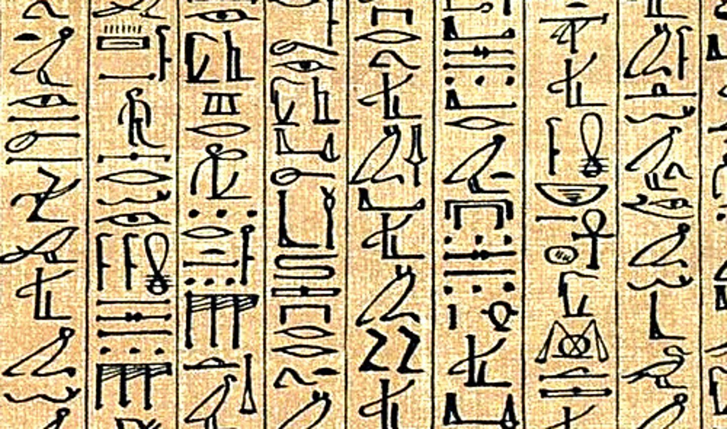 <p>Form of writing developed in ancient Egypt; more pictorial than Mesopotamian cuneiform</p>
