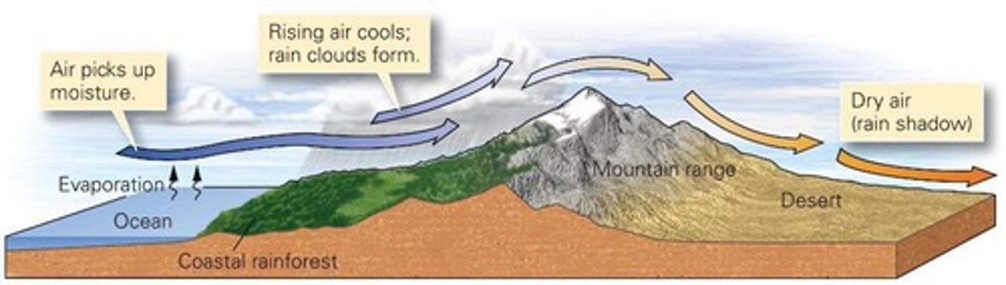 <p>A desert formed when moist air rises over mountains, cools, and loses moisture, leaving dry air on the leeward side.</p>