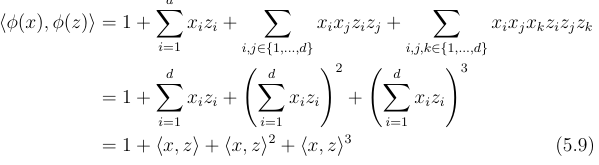 <p>1) we can pre-compute the pairwise inner products of the phis, for all pairs.<br><br>2) computing phi inner products can be efficient and does not require explicitly computing the phi(.) values.</p><ul><li><p>e.g. for up to 3 dimensions: the inner product of phi(x) and phi(z) is just 1 + the inner product of x and z + the inner product of x and z squared + same thing cubed.</p></li><li><p>this take O(d) time (efficient as)</p></li></ul><p></p><p></p>