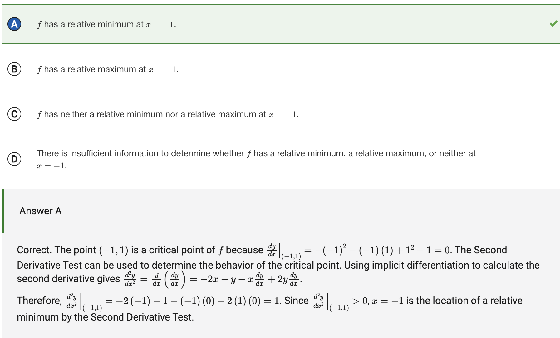 <p>f has a relitave minimum at x=1</p>