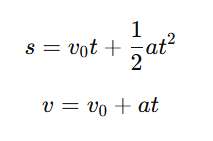 <ul><li><p>Sträcka (s) =&nbsp;Hur långt ett objekt har rört sig [m].</p></li><li><p>Start hastigheten (v<sub>0</sub>) =&nbsp;Hur snabbt objektet rör sig [m/s].</p></li><li><p>Tid (t) =&nbsp;Tid (t) = Hur länge i tidsenheter rörelsen pågår [sekund].</p></li><li><p>Acceleration (a) =&nbsp;Hur snabbt hastigheten förändrades över tid [m/s<sup>2</sup>].</p></li><li><p>Hastighet (v) =&nbsp;Hur snabbt objektet rör sig [m/s].</p></li></ul><p></p>