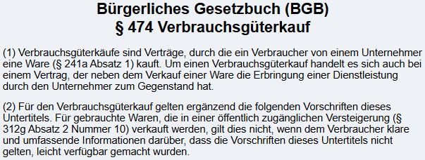 <p>§ 474 BGB</p><p>Die Gefahr geht erst bei Ankunft beim Verbraucher über</p>