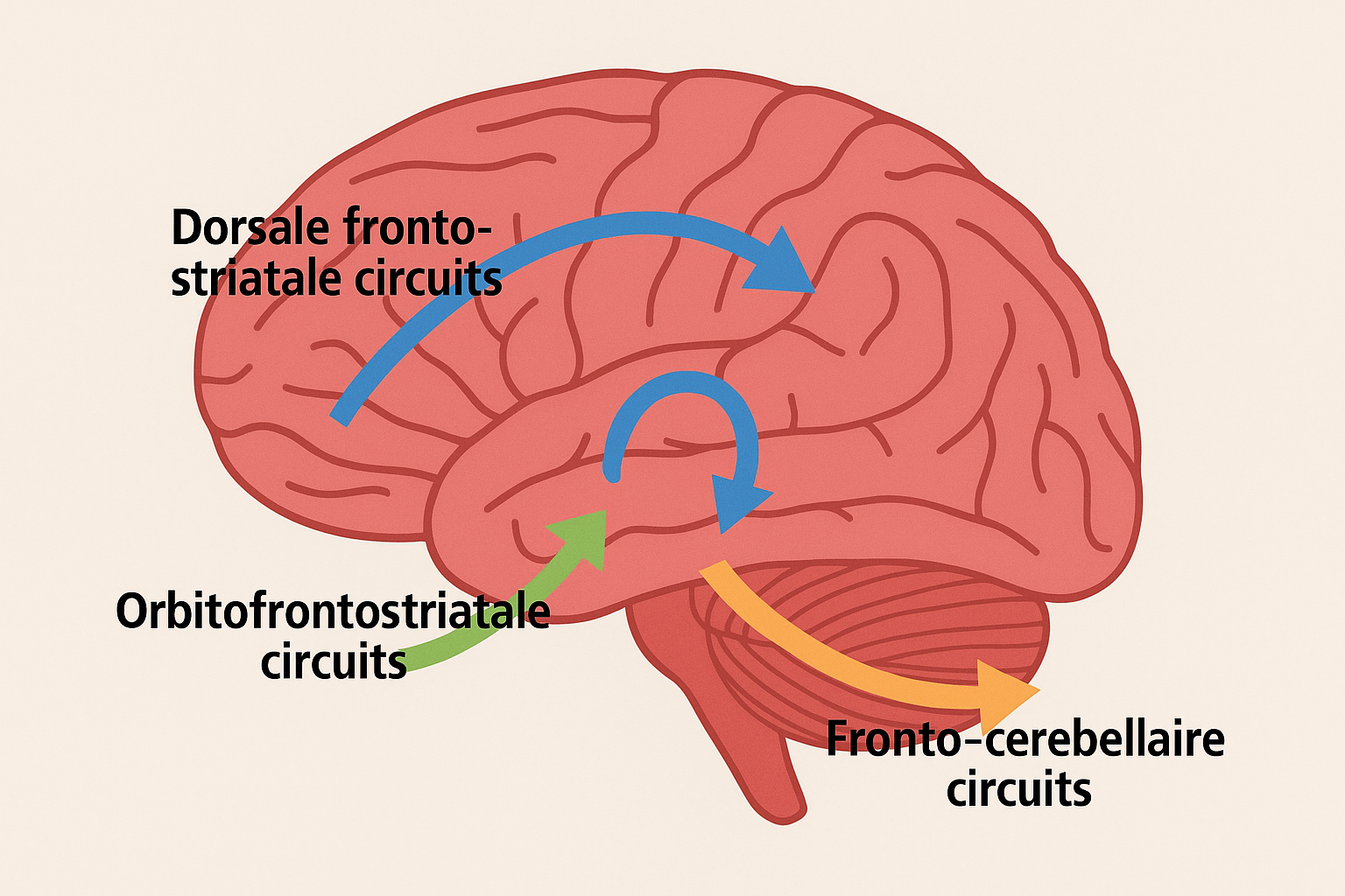 <ul><li><p><strong>Dorsale fronto-striatale circuits:</strong> Gedragscontrole.</p></li><li><p><strong>Orbitofrontostriatale circuits:</strong> Beloningsgevoeligheid.</p></li><li><p><strong>Fronto-cerebellaire circuits:</strong> Timing en tijdsinschatting.</p></li></ul><p><span data-name="point_right" data-type="emoji">👉</span> Deze neurologische netwerken ondersteunen drie eerder besproken neuropsychologische theorieën:</p><ul><li><p>Gedragsremming (Barkley)</p></li><li><p>Beloningsgevoeligheid (Luman)</p></li><li><p>Timingproblemen (Sonuga-Barke)</p></li></ul><p></p>