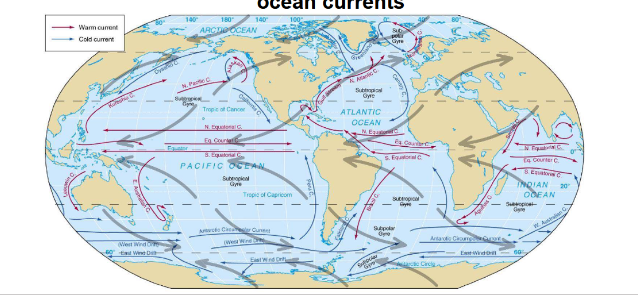 <p>coriolis effect - wind moves clockwise in north hemi and ccw in south hemi</p>