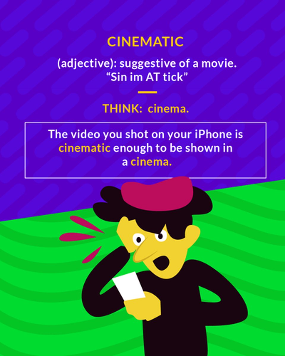 <p>having the qualities of a motion picture</p><p>(adj.) suggestive of a movie</p>