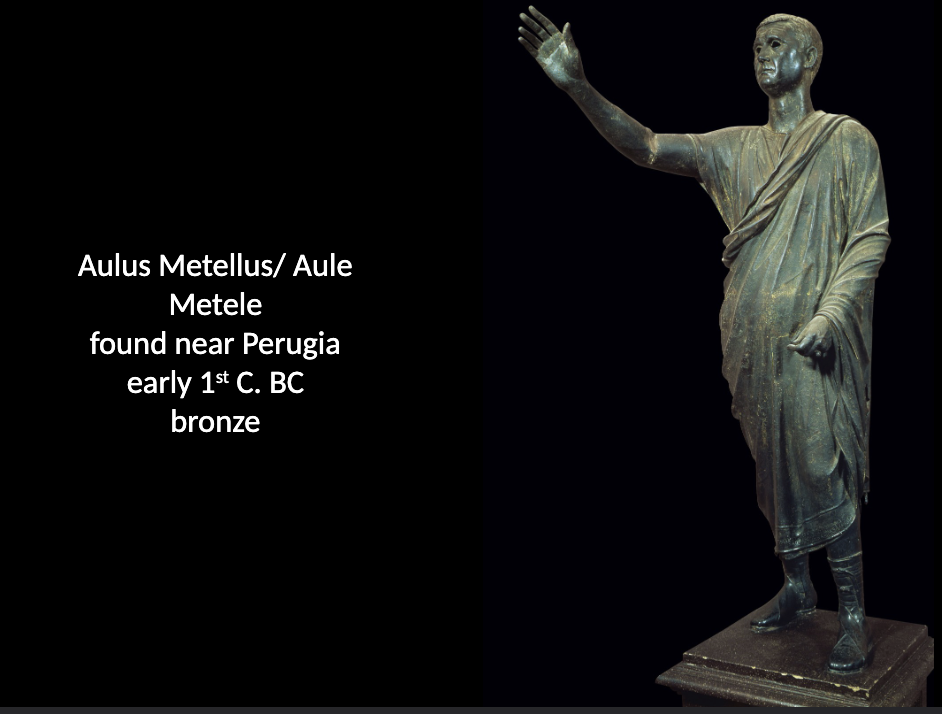 <p>Anulus Metellus (Aule Metele). How is Aule Metele portrayed in his portrait statue? How does this statue reflect the absorption of Etruscan people and culture into rome? </p>