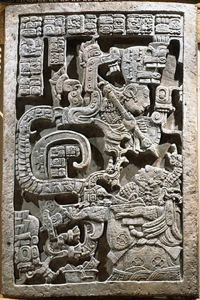 <p>Maya culture 726 C.E. limestone; Yaxchilan, Mexico; Lady Xok conjures up a serpent vision that spews forth a warrior aiming a spear at the queen</p>