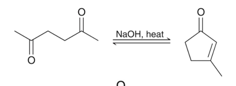 <p>cyclic compounds</p><ul><li><p>one group forms an enolate that attacks the other group.</p></li><li><p>only 5- and 6-membered rings form well this way.</p></li></ul><p></p>