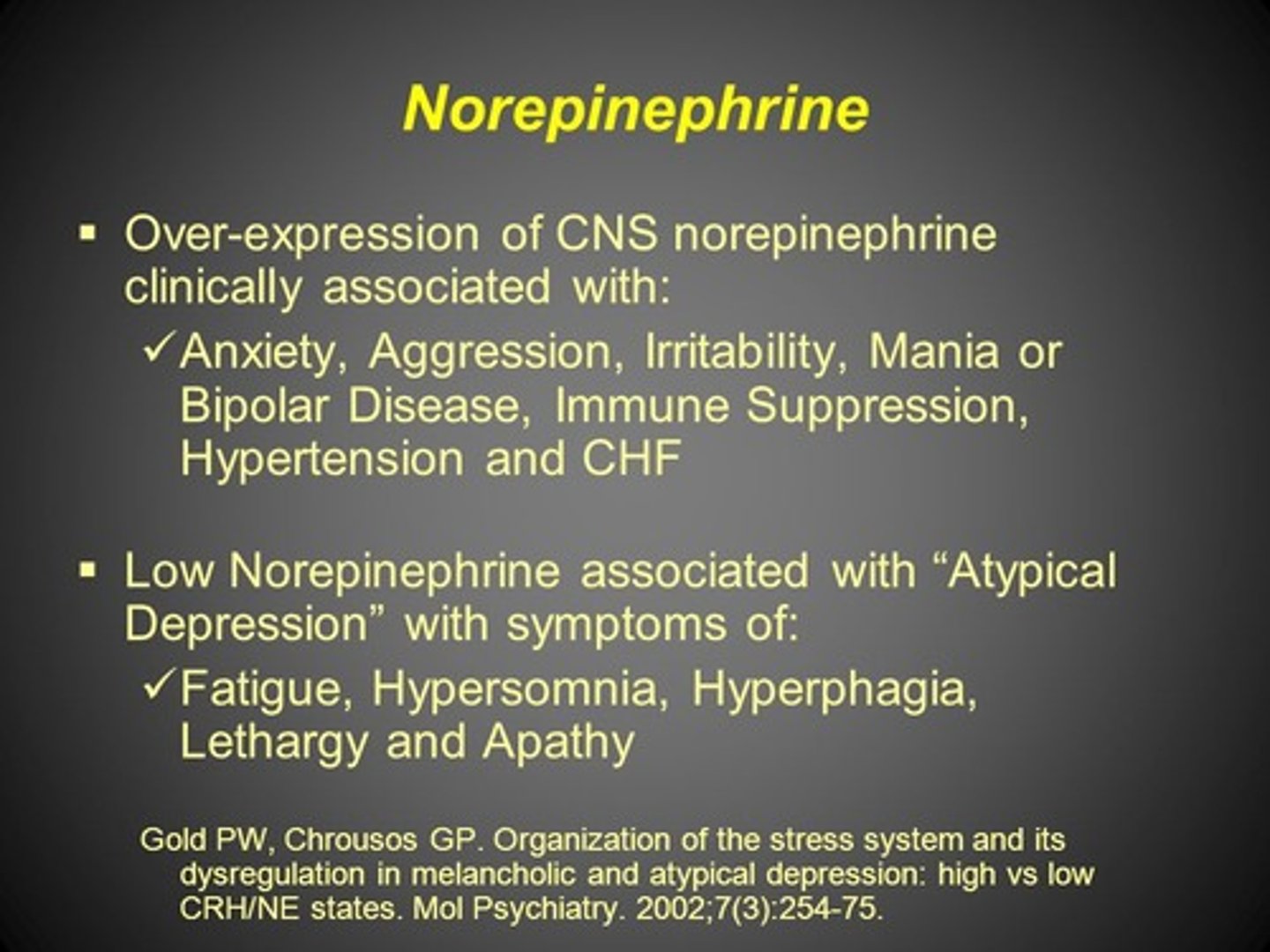 <p>(D) Norepinephrine, anxiety and mania</p><p>Low levels of Norepinephrine are associated with depression; high levels are associated with Anxiety and Mania.</p>