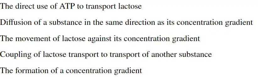 <p>What would be absent from a diagram illustrating the mechanism for lactose?</p>