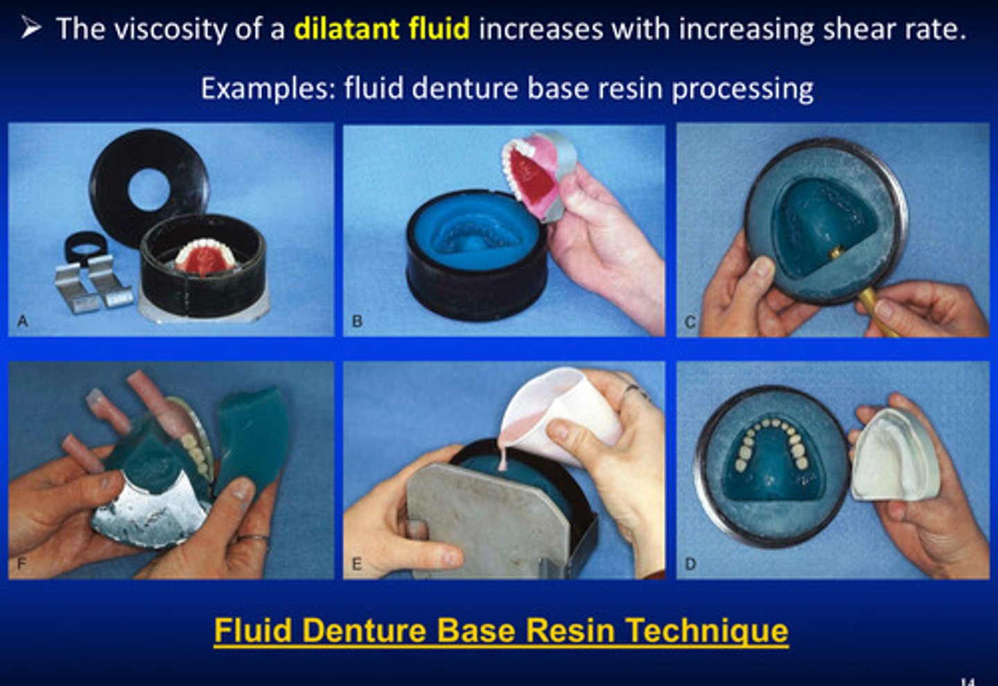 <p>inc w shear rate (ex: fluid denture base resin processing)</p>
