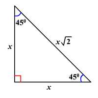 <p>Hypotenuse: √2 Adjacent: 1 Opposite: 1 </p>