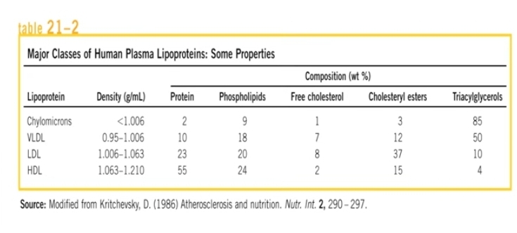 <p>Relacionado a la relacion proteina/ componente lipidico</p><p><span data-name="arrow_up" data-type="emoji">⬆</span>componente lipidico = <span data-name="arrow_down" data-type="emoji">⬇</span>densidad</p><p>Ademas de tener un lipido principal que transporta.</p><ul><li><p>LDL = ester de colesterol</p></li><li><p>HDL= fosfolipidos y esteres de colesterol</p></li></ul>