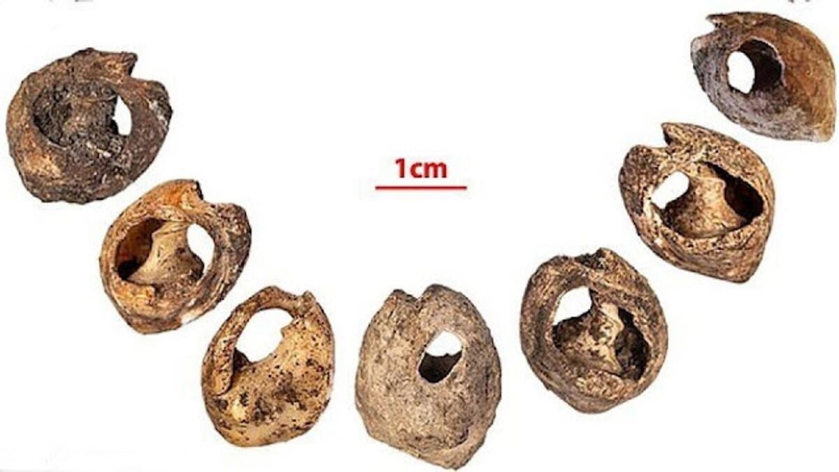 <ul><li><p>140,000 BCE</p></li><li><p>found in a cave in Morocco</p></li><li><p>direct evidence for decoration? protection?</p></li></ul>