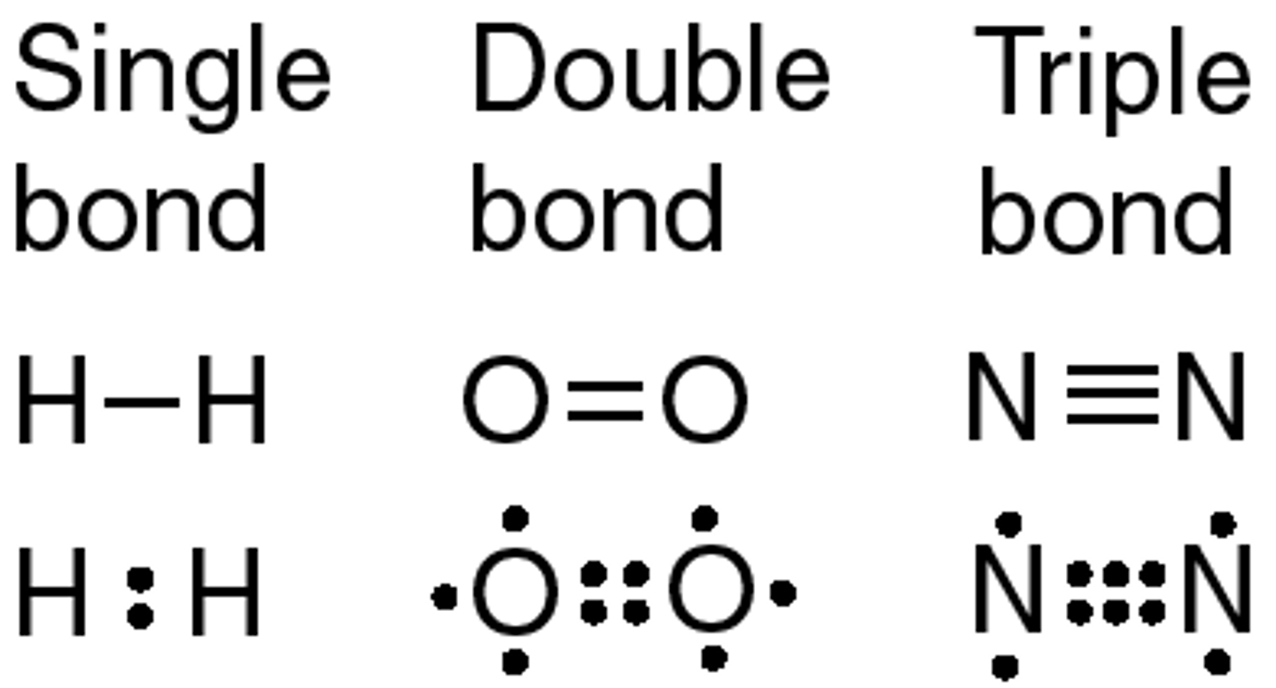 <p>Triple covalent bond occurs when 3 pairs of ____ are shared between the outer shells of 2 atoms. Examples include____</p>