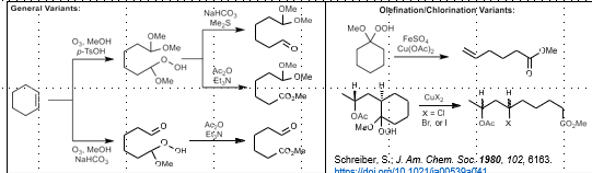 <p>Acetal + ketone/aldehyde possible</p><p>Acetal + ester possible</p><p>Ester + aldehyde/ketone possible </p><p>Olefination/Chlorination possible </p><p></p>