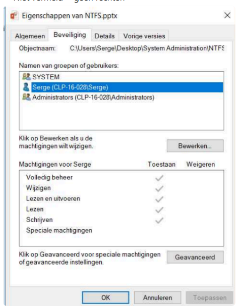 <p>Gebruikers en groep die machtigingen hebben samen met de machtigingen die zij hebben gekregen</p><p>→ Elke map en bestand op NTFS volume heeft een ACL</p>