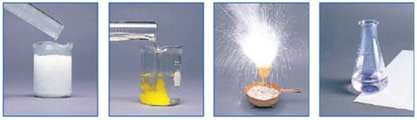 <p>production of gas (bubbles), formation of a precipitate, unexpected temperature change, color change, fire, a new product.</p>