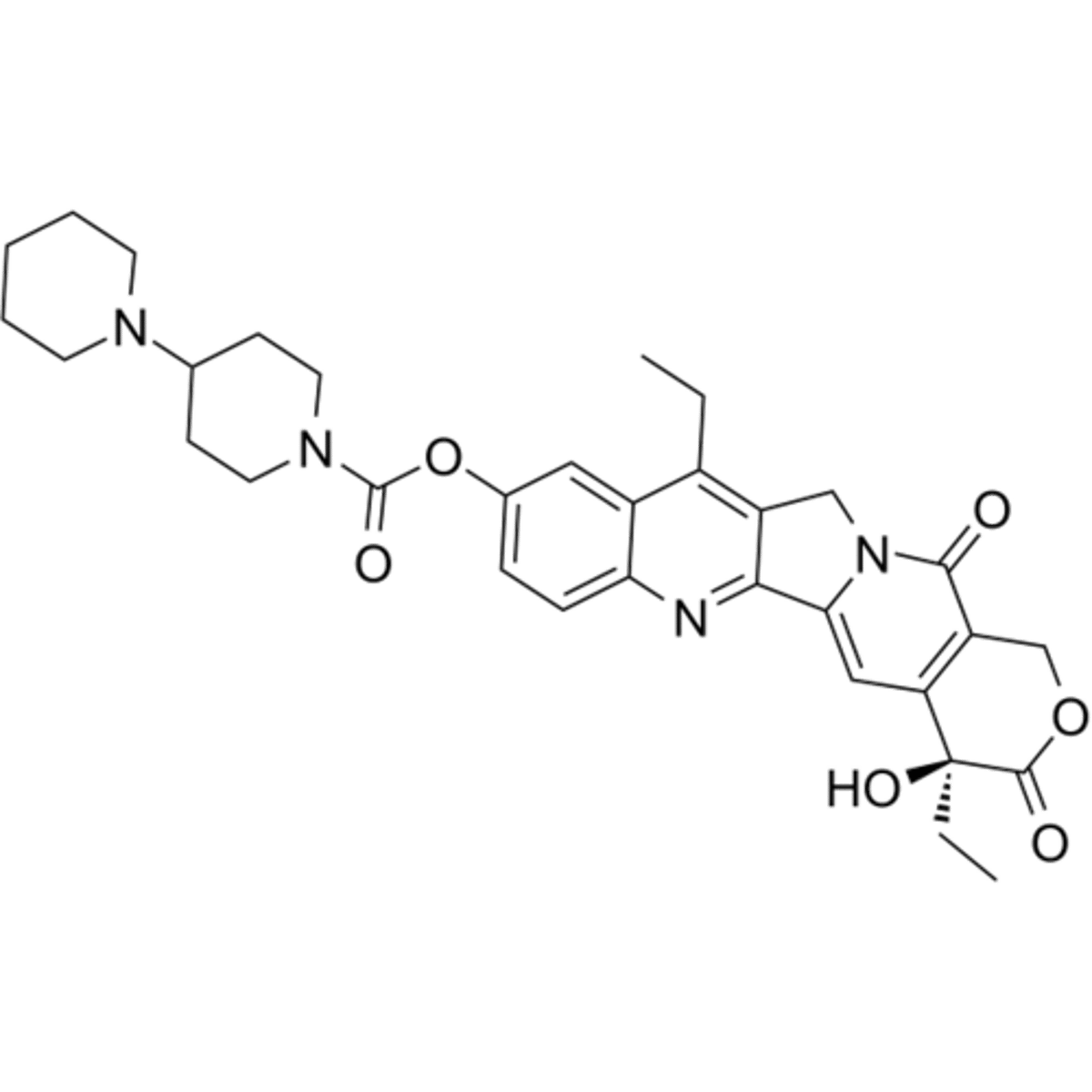 <p>Which is one true statement concerning irinotecan?</p><p>A. it is active as shown</p><p>B. it is an antineoplastic antibiotic</p><p>C. it has a quinolone pharmacophore</p><p>D. it has a pentacyclic lactone pharmacophore</p>