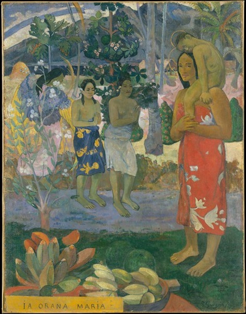 <p>The painting depicts the Virgin Mary, reflecting Gauguin's interest in spirituality and exoticism.</p>
