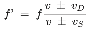 <p>When a source emitting a sound and a detector receiving the sound move relative to each other, the perceives frequency f’ is less than or greater than the actual frequency emitted f, depending on whether the source and detector move toward or away from each other: </p>